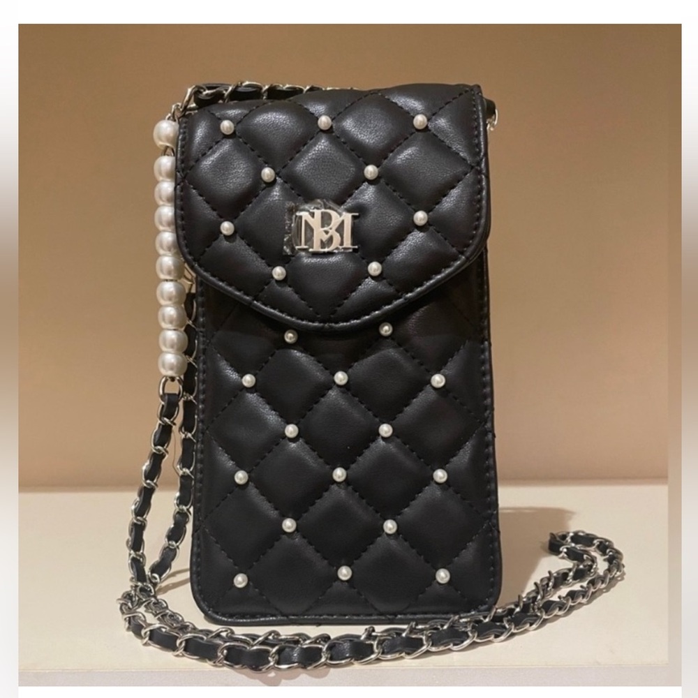 Quilted Pearl-Trim Black Crossbody Phone Bag - Unbranded